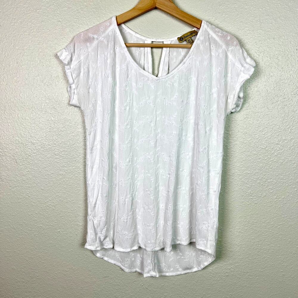 Democracy White Sheer Floral Jacquard Embroidered Gauzy Short Sleeve Top Size XS